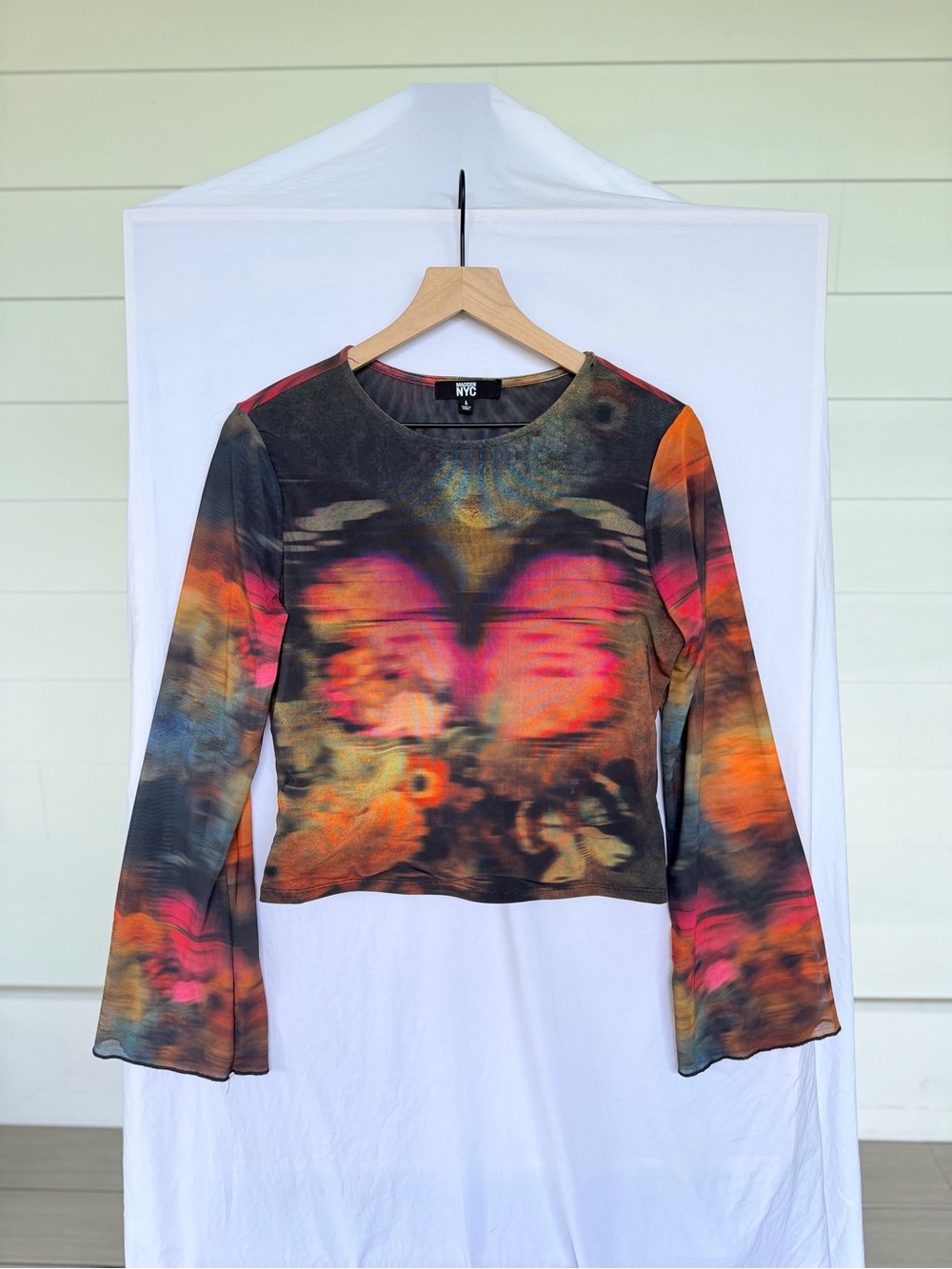 Madden NYC Mesh Top L Abstract Print Sheer Y2K Bell Sleeve Fairy Grunge